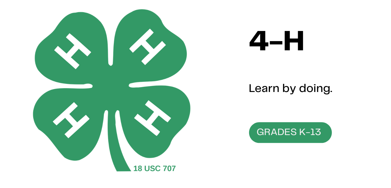 (4-H Logo on the left) 4-H Learn by doing. Grades K-13. 